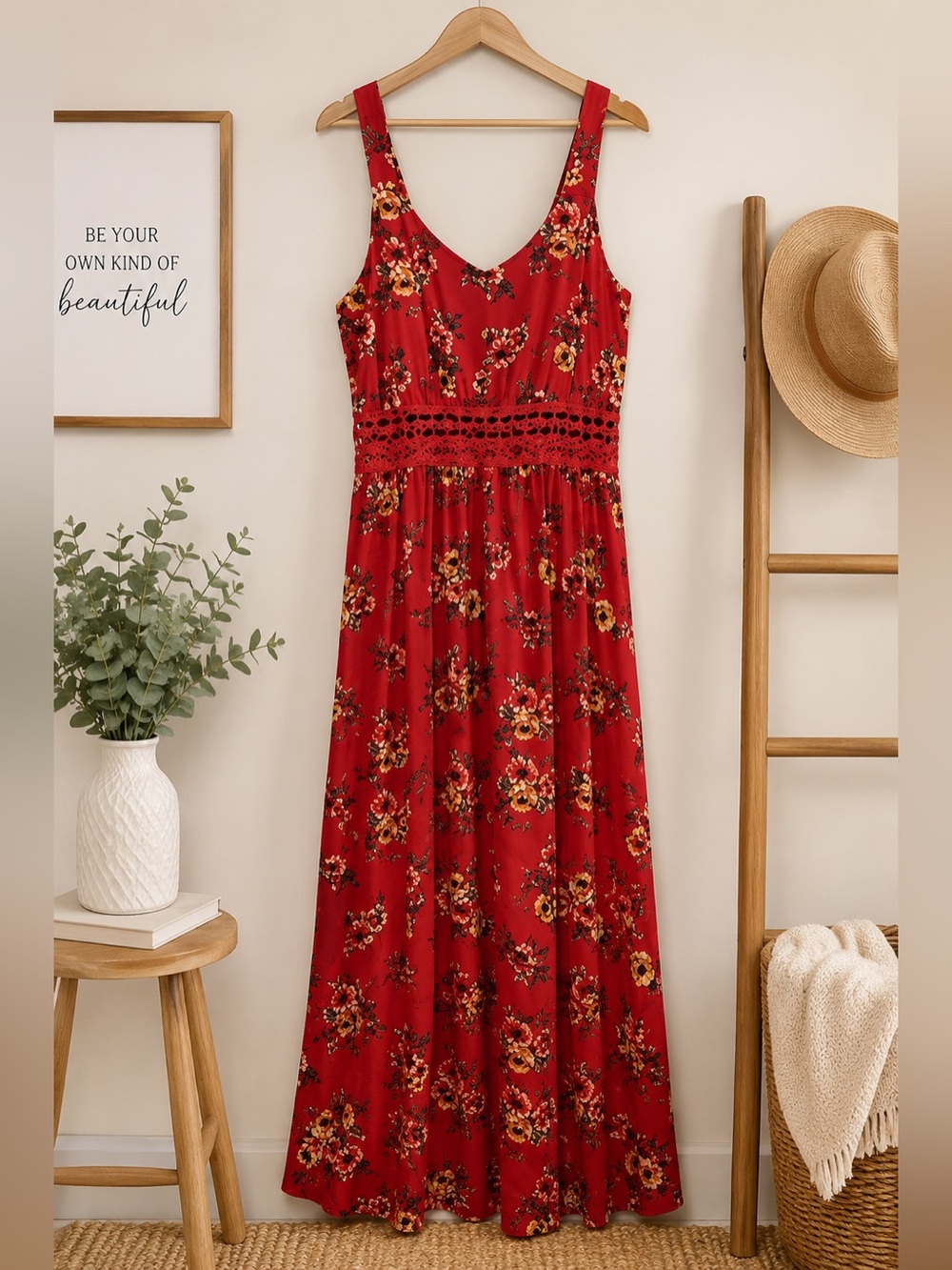 I.N. San Francisco Red Floral Maxi Dress with Crochet Waist